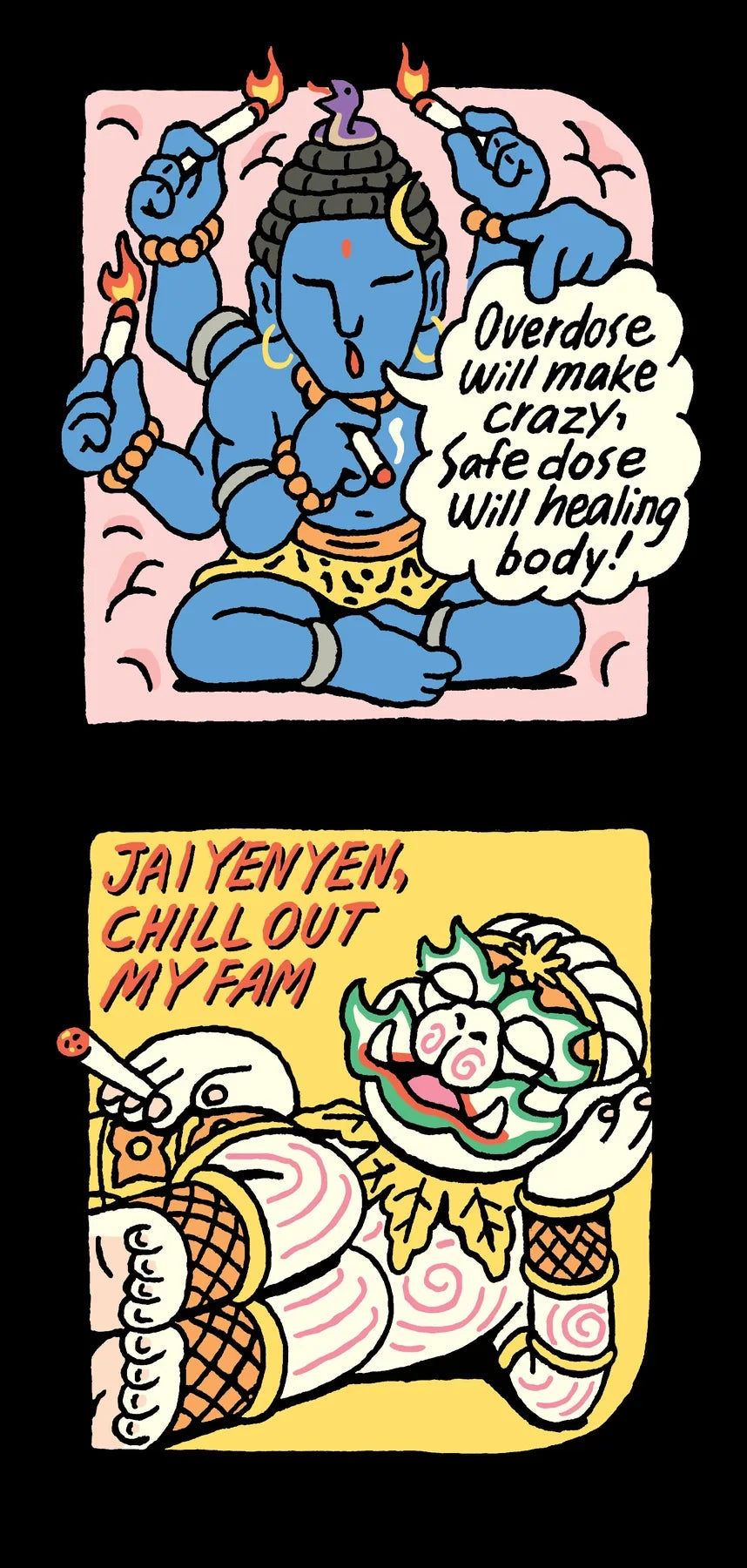 The original blue figure and Hanuman comic panels.