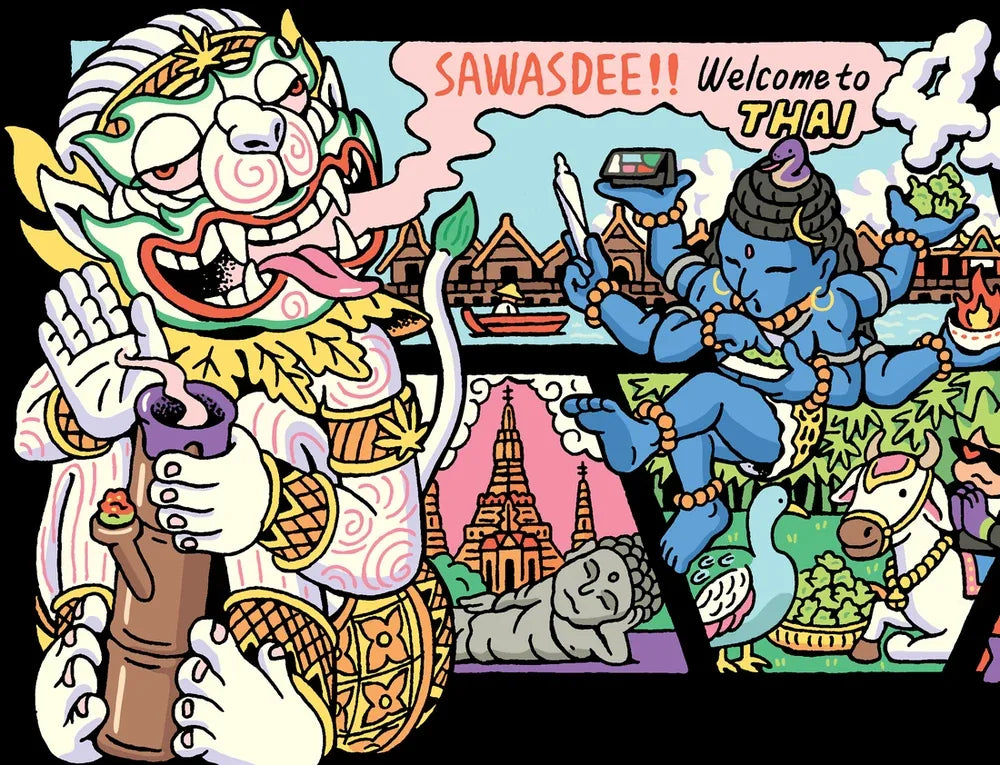 The waving figure and central welcome scene.