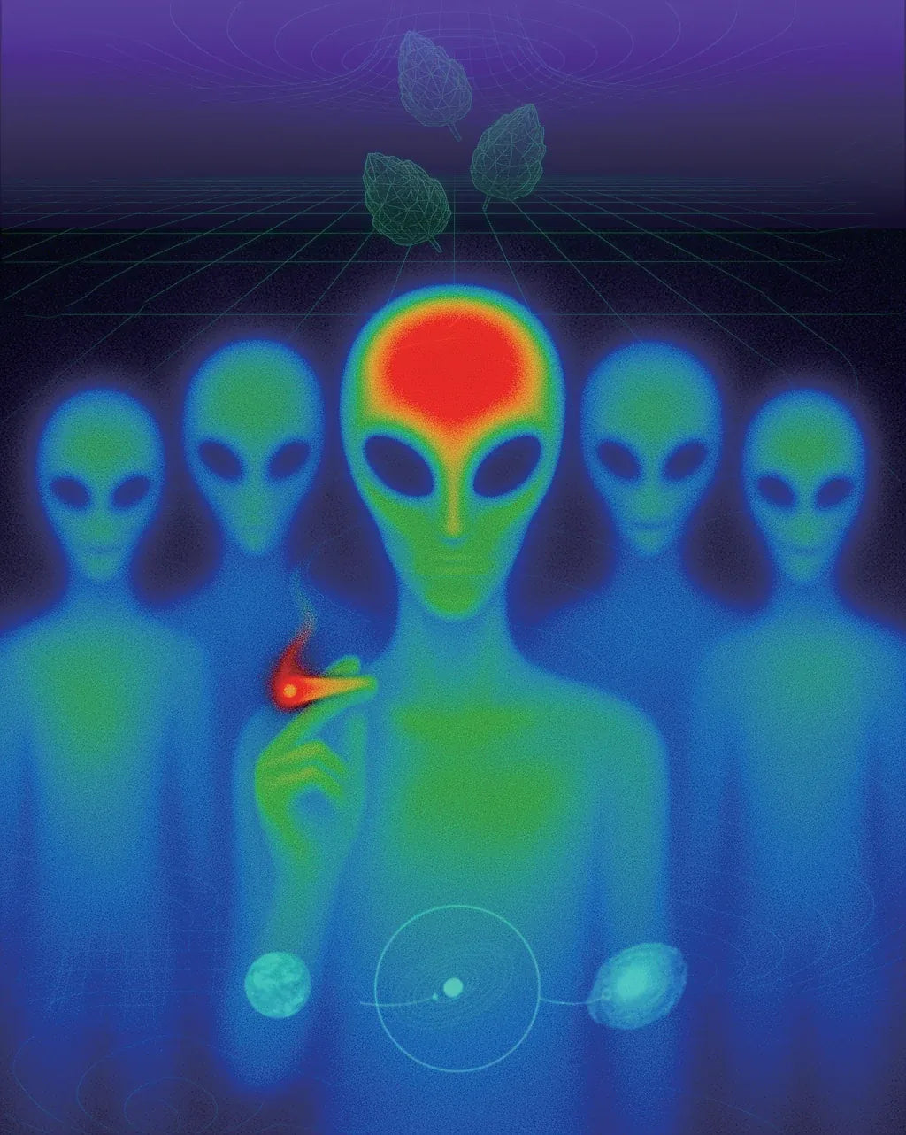 Thermal alien portrait, moon phases and grid