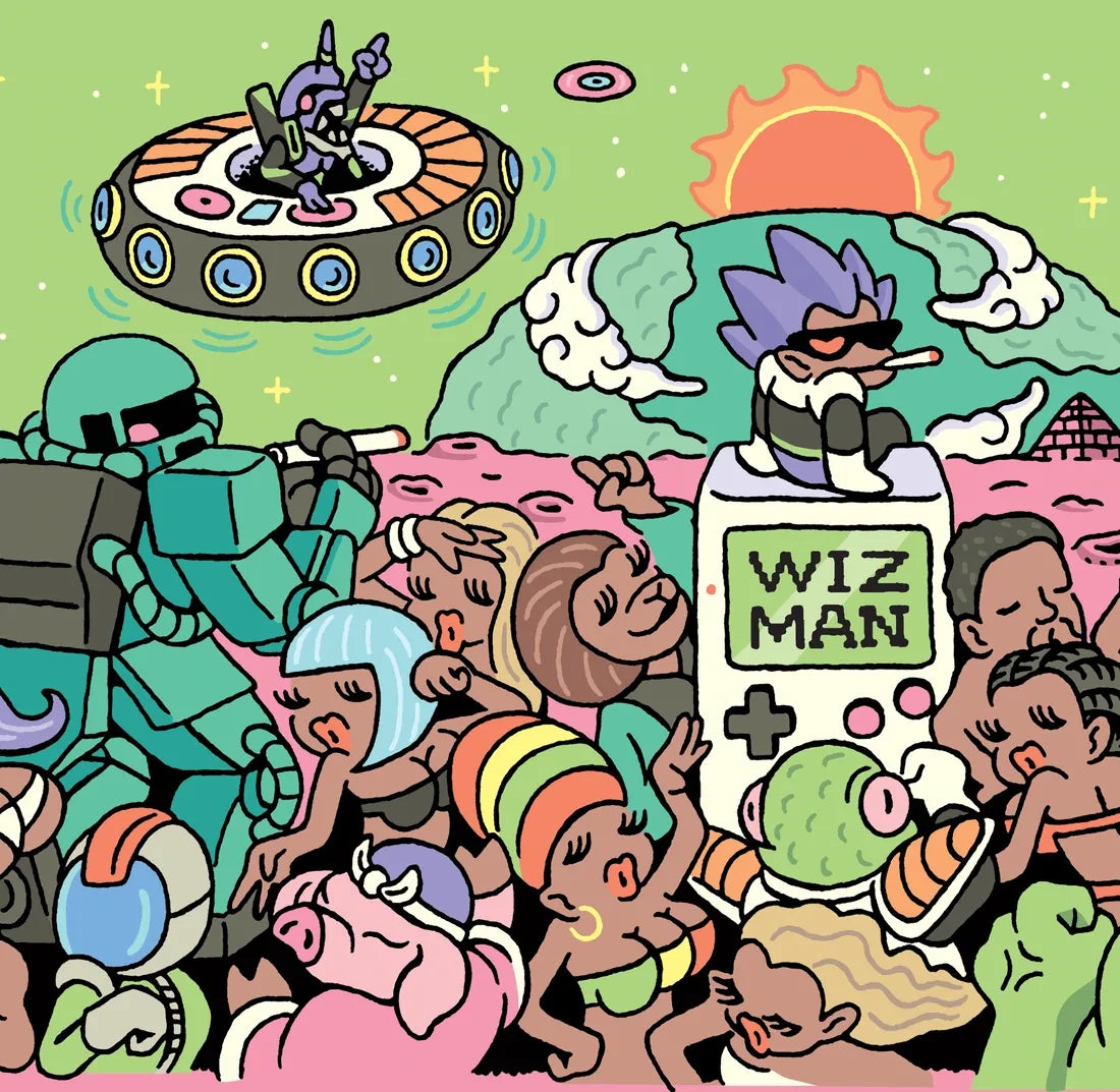 A record-shaped flying saucer above the WIZ MAN handheld.