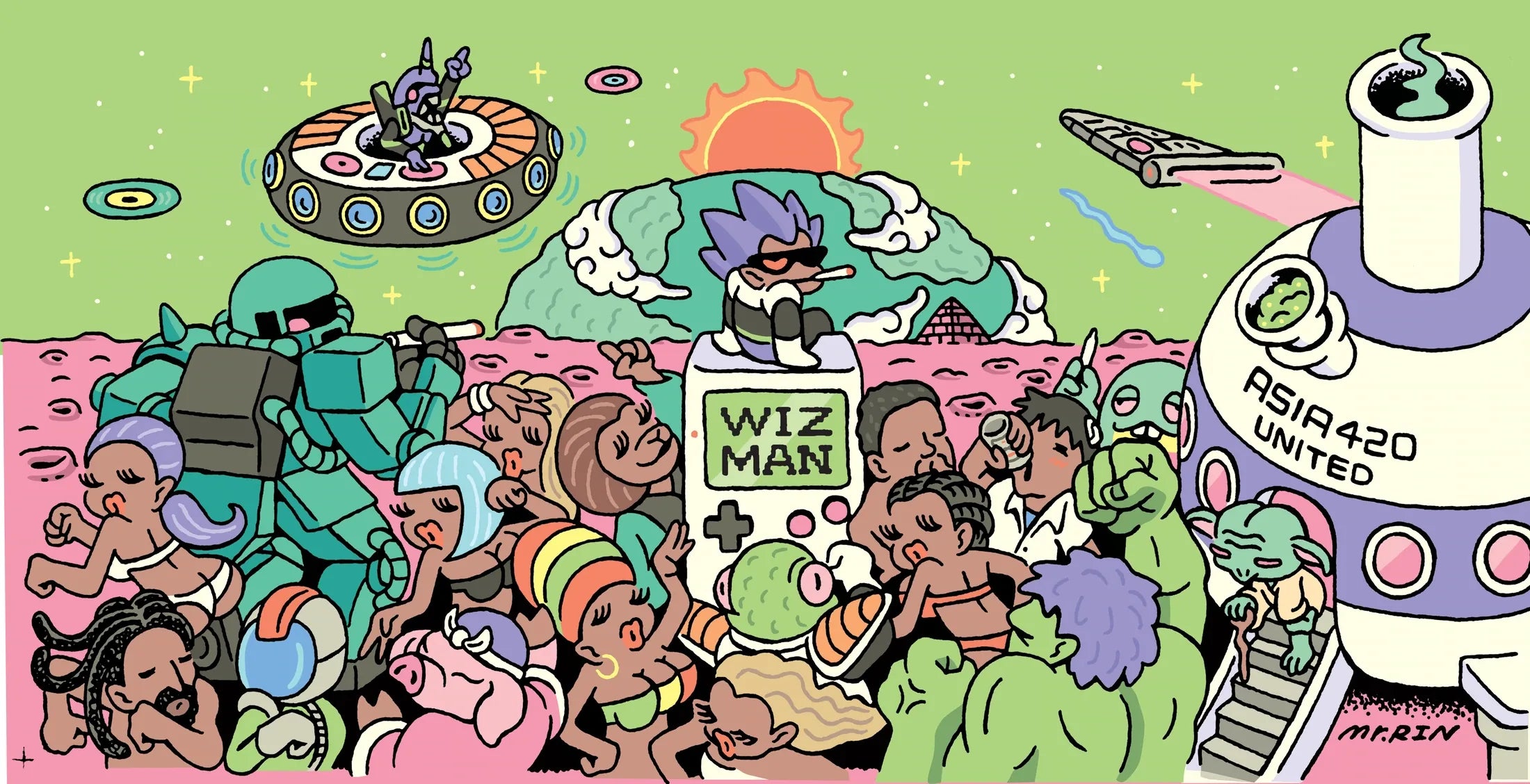The complete cosmic gathering, with a WIZ MAN handheld, robot and ASIA420 spacecraft. Illustration by Mr.Rin.