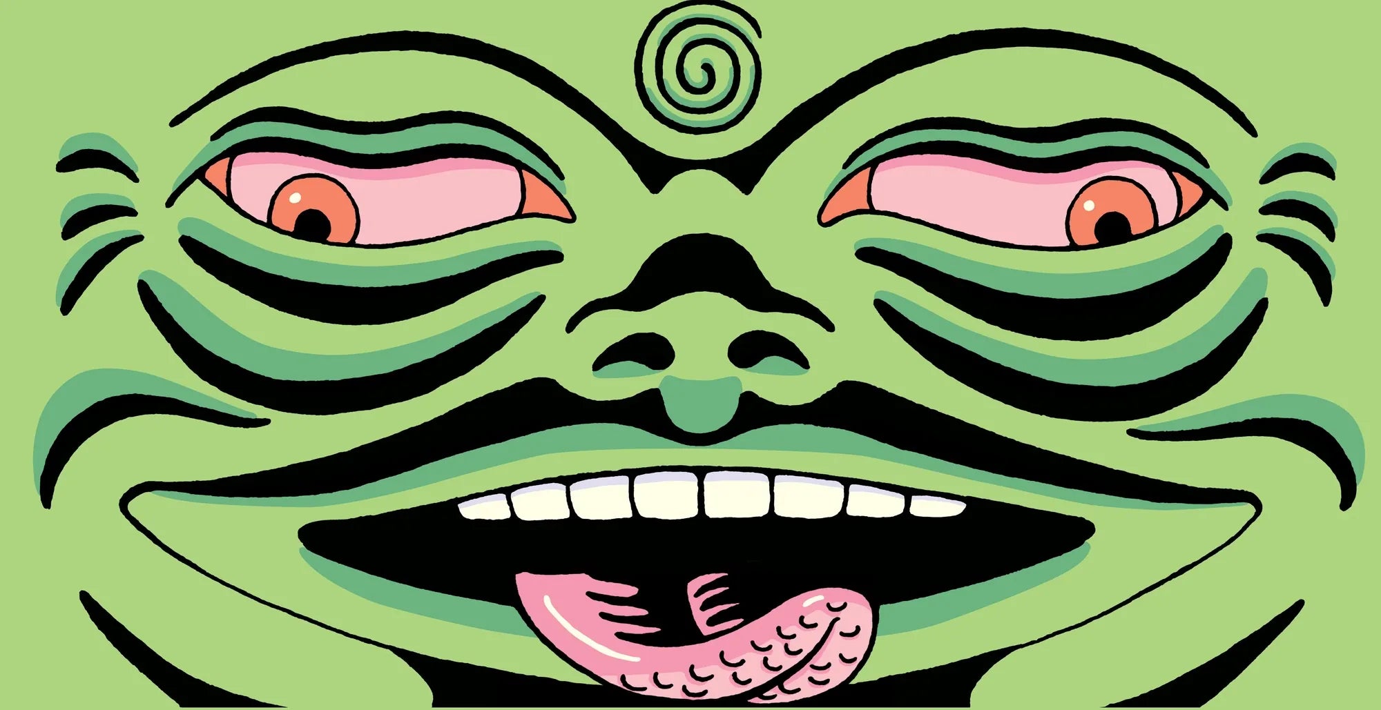 A smiling green face with pink eyes, a spiral forehead and a playful tongue.