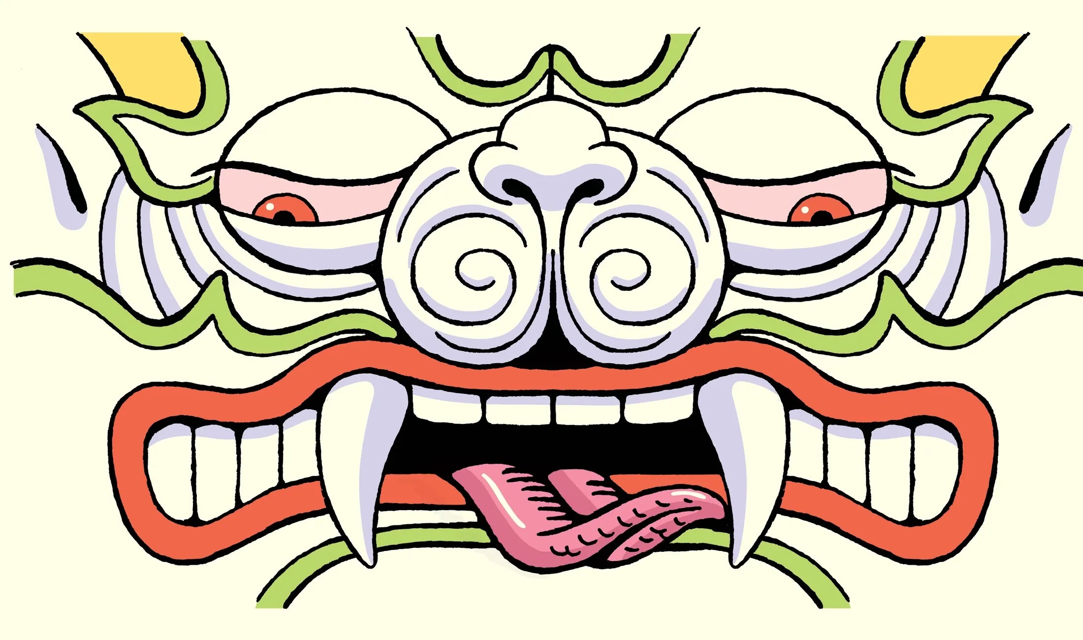 The complete illustrated mask: eyes, spiral nose, fangs and tongue.