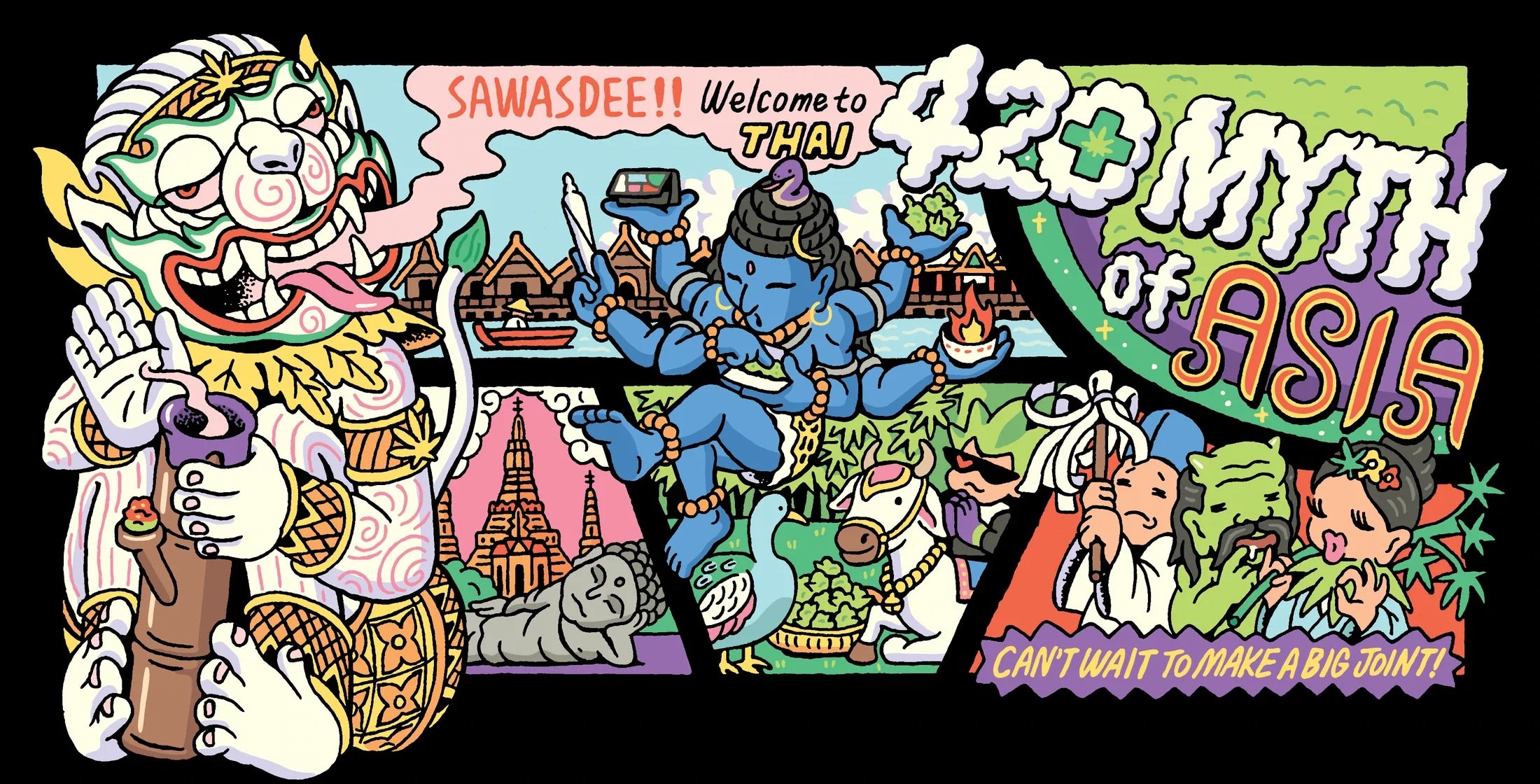 The full SAWASDEE welcome comic and 420 MYTH of ASIA lettering.