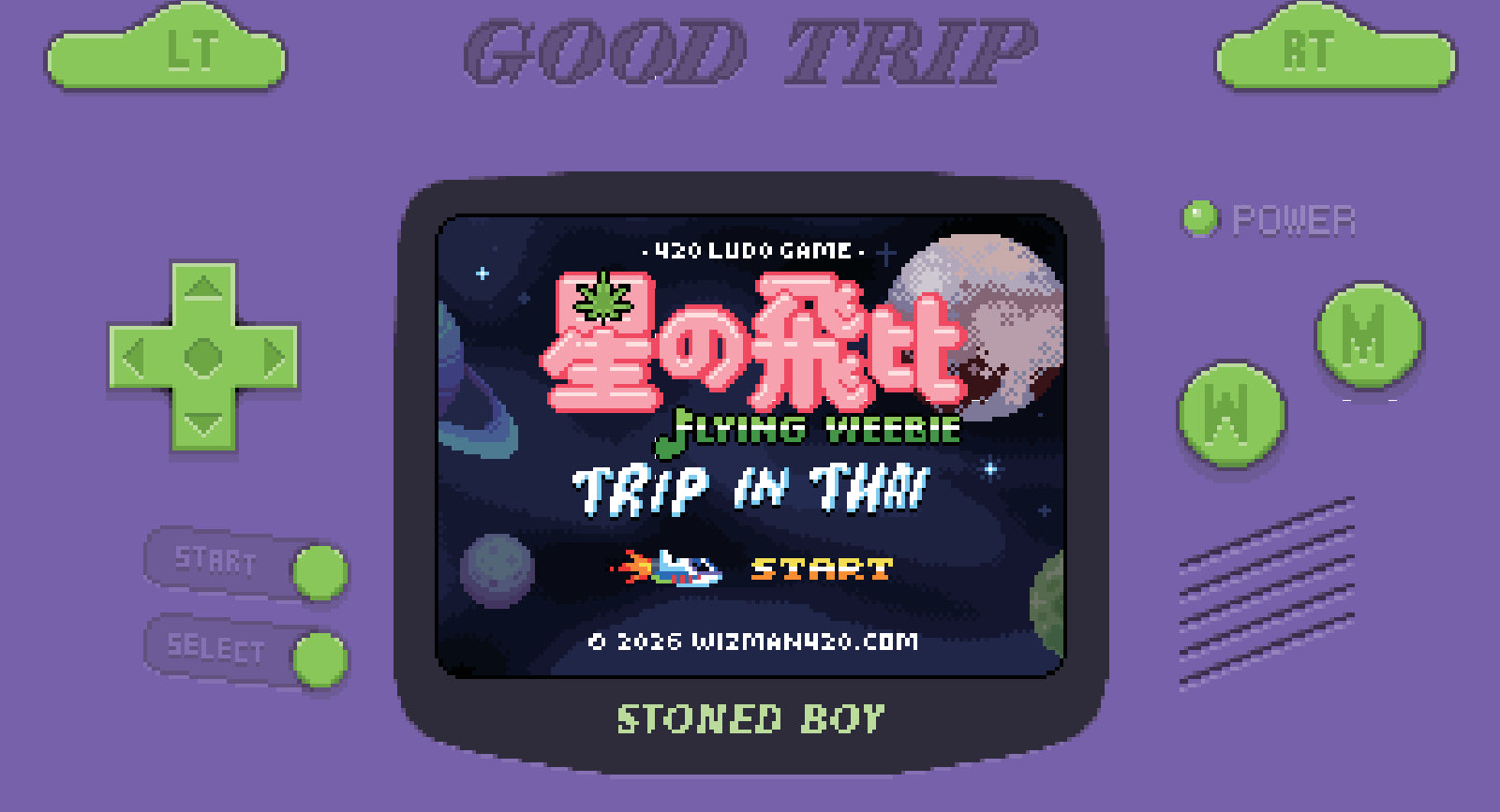 W1 purple handheld console with green keys and FLYING WEEBIE title screen